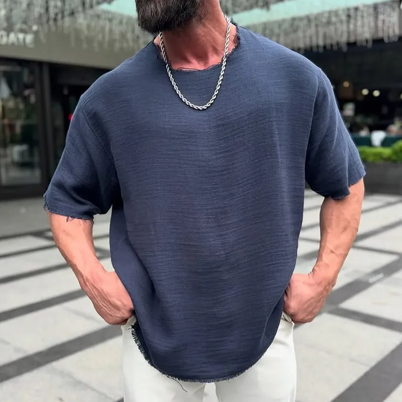 Men's Solid Cotton And Linen Rough edge Round Neck Short Sleeve T-Shirt MTA0652E8Z sold by Manly product image thumbnail 3