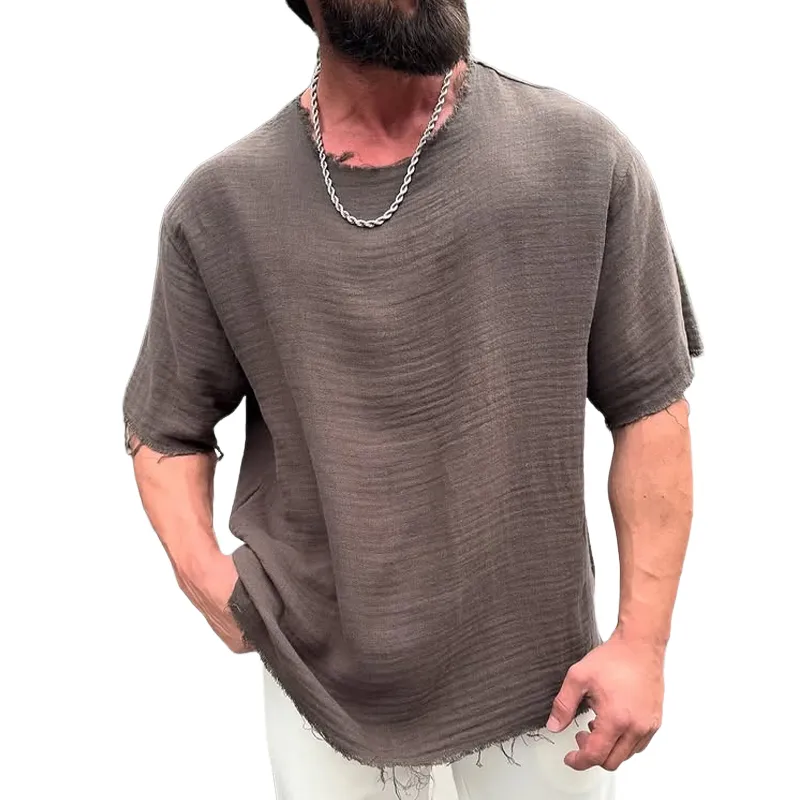 Men's Solid Cotton And Linen Rough edge Round Neck Short Sleeve T-Shirt MTA0652E8Z sold by Manly