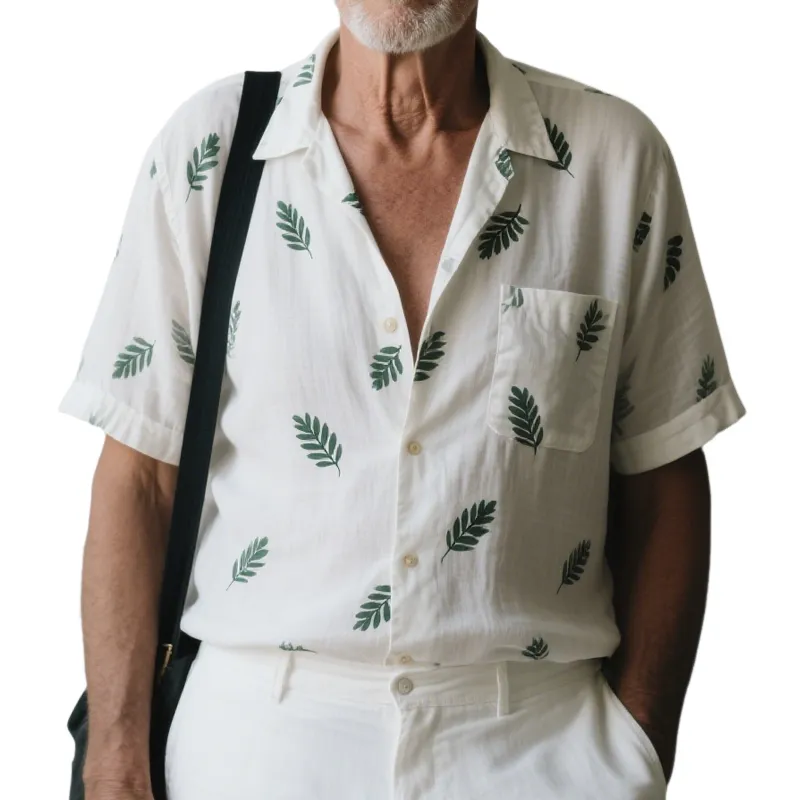 Men's Leaves Print Lapel Short Sleeve Casual Shirt MTA0650E4Z made by Manly