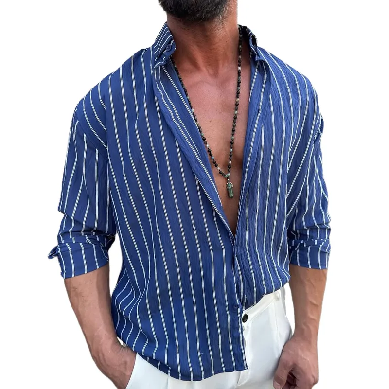 Men's Striped Loose Lapel Long Sleeve Casual Shirt MTA0606E6Z sold by Manly
