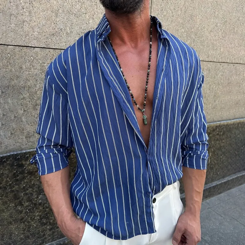 Men's Striped Loose Lapel Long Sleeve Casual Shirt MTA0606E6Z sold by Manly product image thumbnail 2