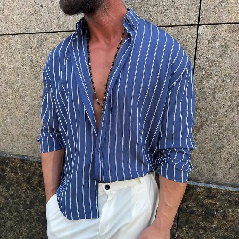 Men's Striped Loose Lapel Long Sleeve Casual Shirt MTA0606E6Z sold by Manly product image thumbnail 3