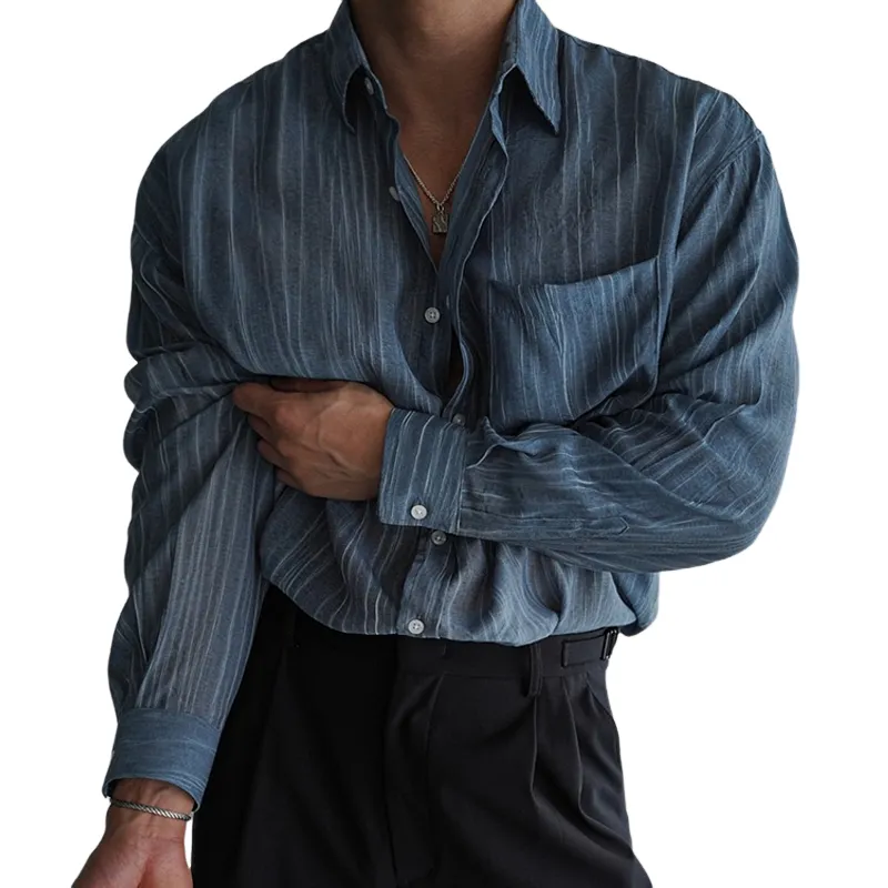 Men's Striped Loose Lapel Long Sleeve Casual Shirt MTA0695E9Z sold by Manly