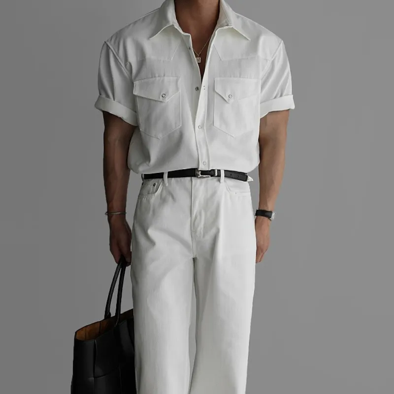 Men's Solid Lapel Chest Pocket Short Sleeve Shirt MTA0653E9Z sold by Manly product image thumbnail 3