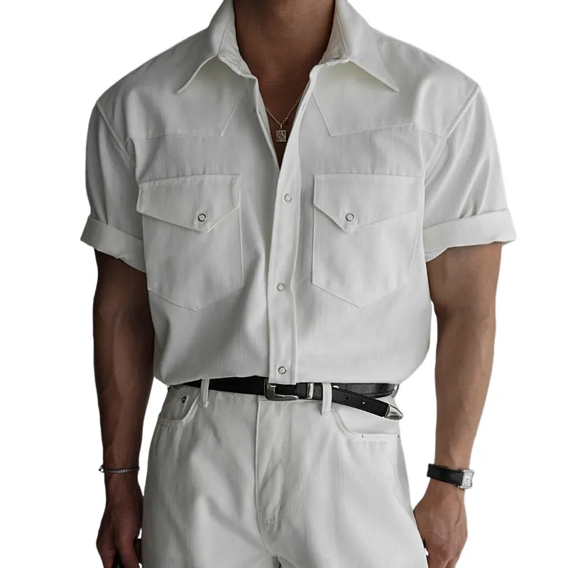 Men's Solid Lapel Chest Pocket Short Sleeve Shirt MTA0653E9Z sold by Manly