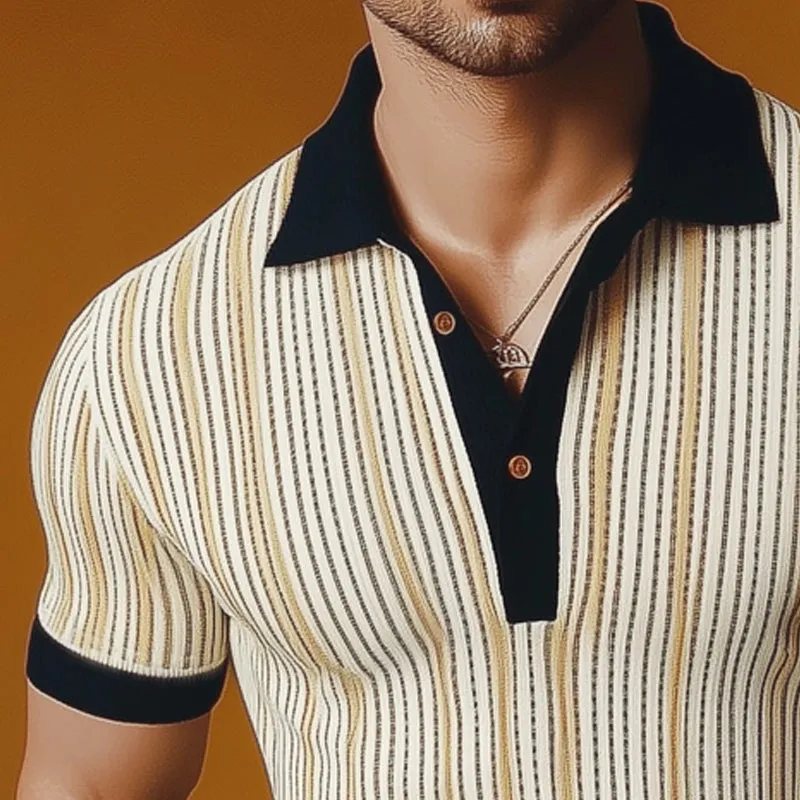 Men's Summer Classic Vertical Striped Knitted Polo Neck T-Shirt MTA0724E5U sold by Manly product image thumbnail 3