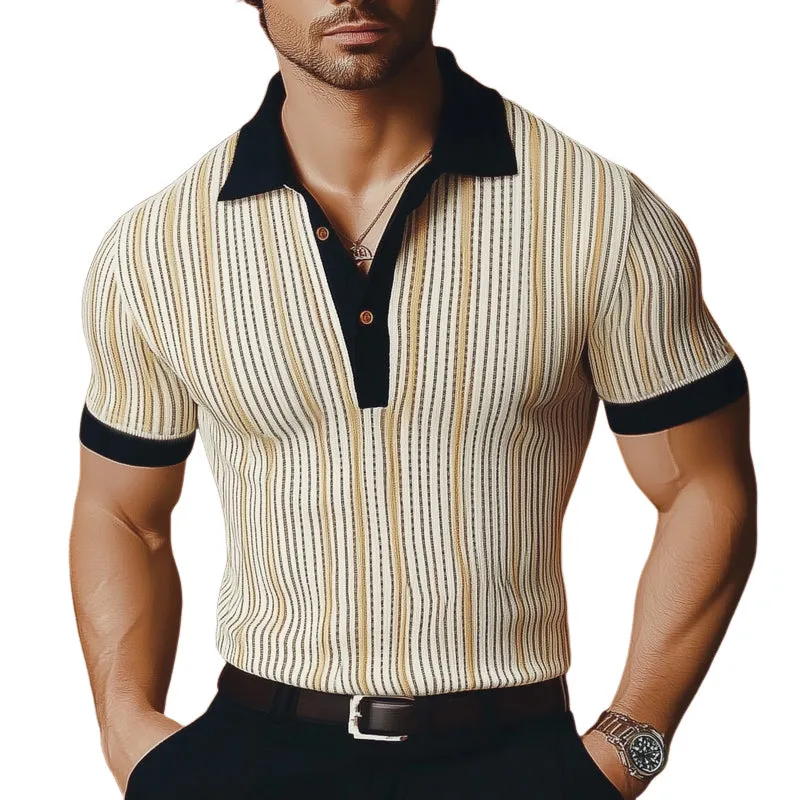 Men's Summer Classic Vertical Striped Knitted Polo Neck T-Shirt MTA0724E5U sold by Manly
