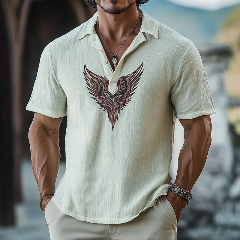 Men's Summer V-neck Retro Embroidered Short Sleeve T-shirt MTA0636E3U sold by Manly product image thumbnail 2