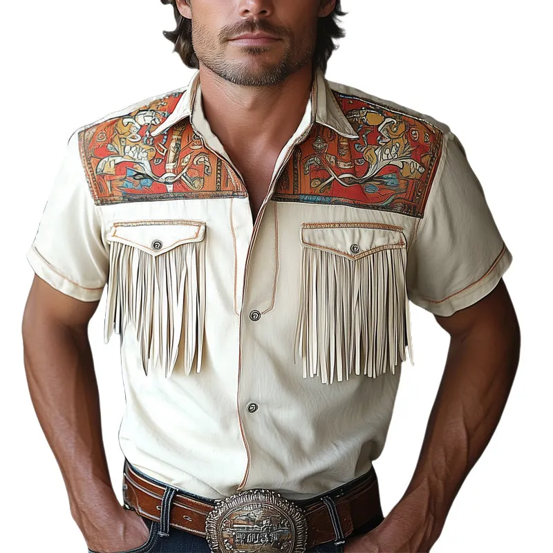 Men's Summer Western Cowboy Style Tassel Short Sleeve Shirt MTA0737E4U sold by Manly