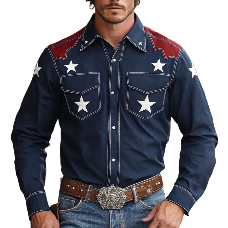 Men's Retro Western Cowboy Style Star Embroidered Lapel Long Sleeve Shirt MTA0679E8TO sold by Manly