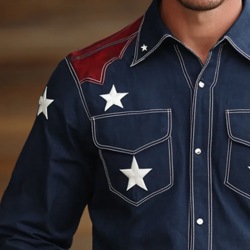 Men's Retro Western Cowboy Style Star Embroidered Lapel Long Sleeve Shirt MTA0679E8TO sold by Manly product image thumbnail 3