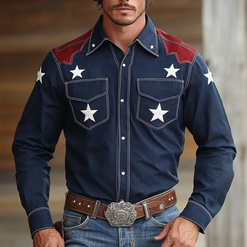 Men's Retro Western Cowboy Style Star Embroidered Lapel Long Sleeve Shirt MTA0679E8TO sold by Manly product image thumbnail 2