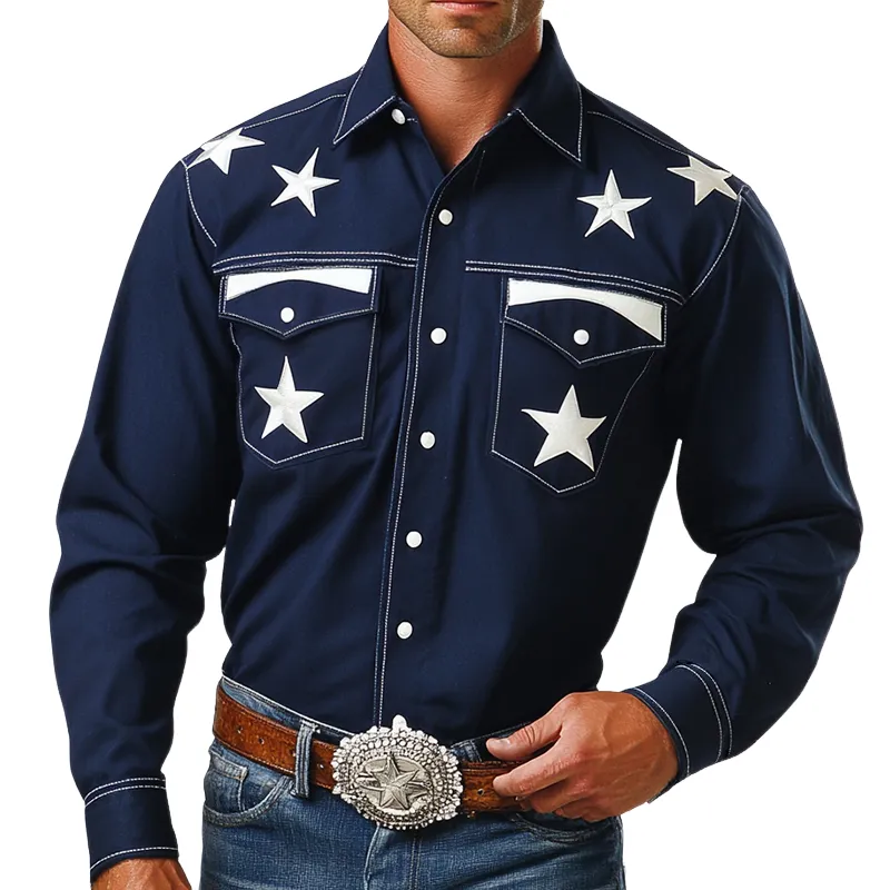 Men's Retro Western Cowboy Style Star Embroidered Lapel Long Sleeve Shirt MTA0618E2TO sold by Manly