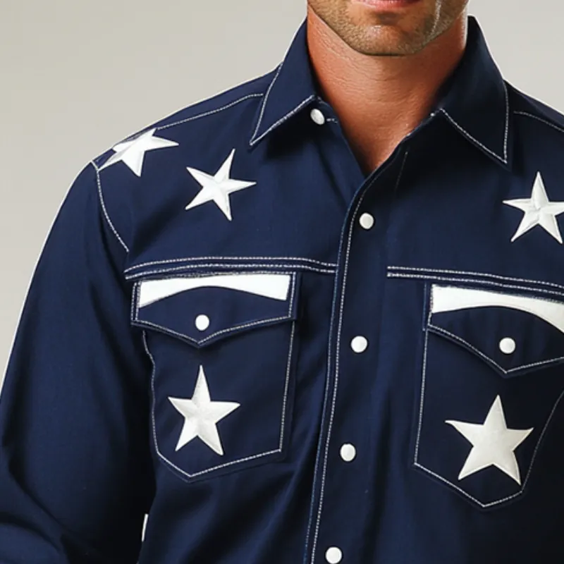 Men's Retro Western Cowboy Style Star Embroidered Lapel Long Sleeve Shirt MTA0618E2TO sold by Manly product image thumbnail 3