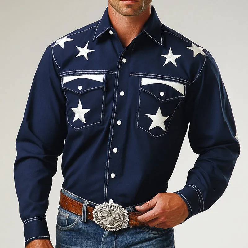 Men's Retro Western Cowboy Style Star Embroidered Lapel Long Sleeve Shirt MTA0618E2TO sold by Manly product image thumbnail 2