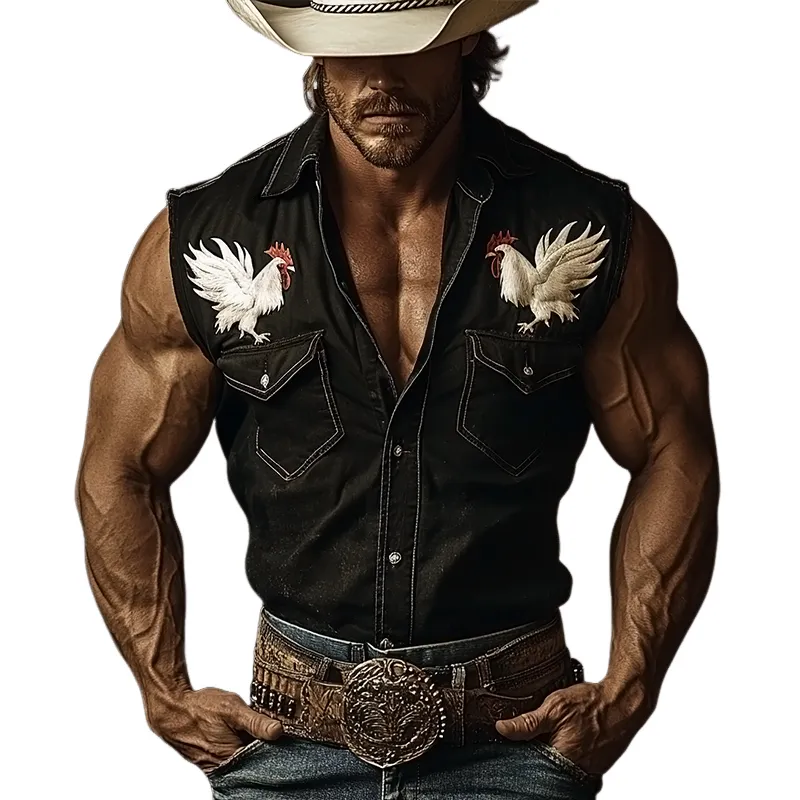 Men's Retro Western Cowboy Style Rooster Embroidery Washed Denim Lapel Sleeveless Shirt MTA0658E4TO sold by Manly