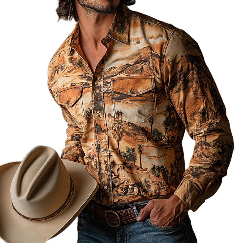 Men's Retro Western Cowboy Style Printed Pocket Lapel Long Sleeve Shirt MTA0664E5TO sold by Manly