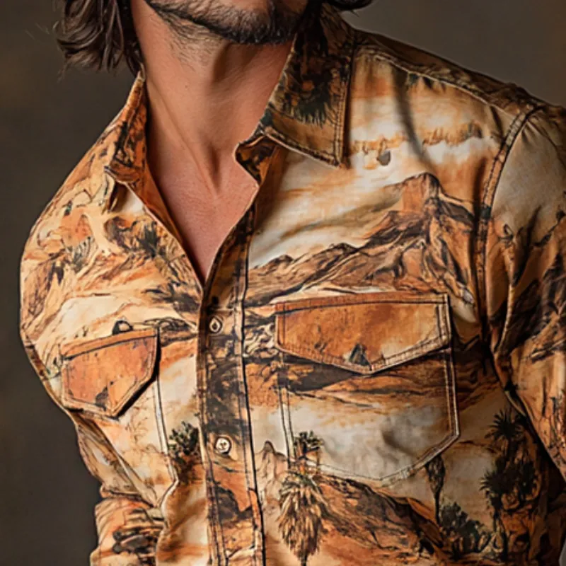 Men's Retro Western Cowboy Style Printed Pocket Lapel Long Sleeve Shirt MTA0664E5TO sold by Manly product image thumbnail 3