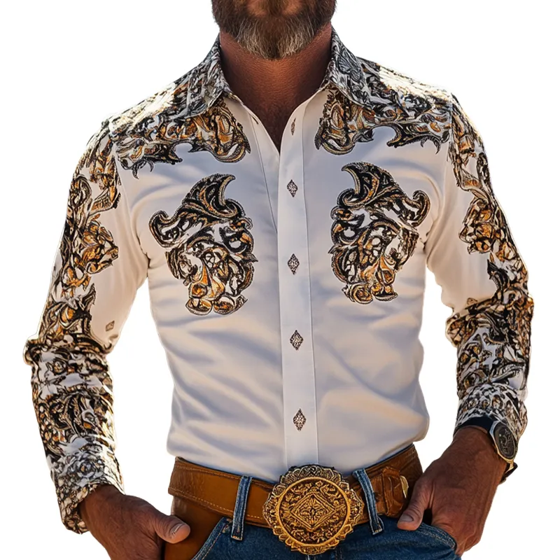 Men's Retro Western Cowboy Style Printed Lapel Long Sleeve Shirt MTA0622E2TO sold by Manly