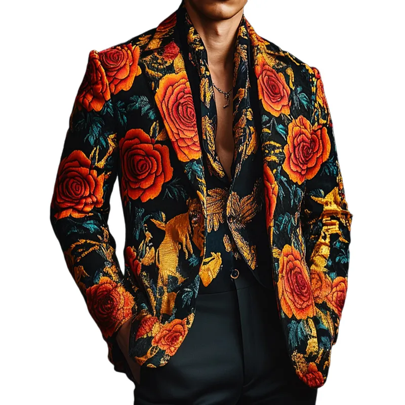 Men's Retro Western Cowboy Style Luxury Rose Print Satin Blazer MTA0622E4TO sold by Manly