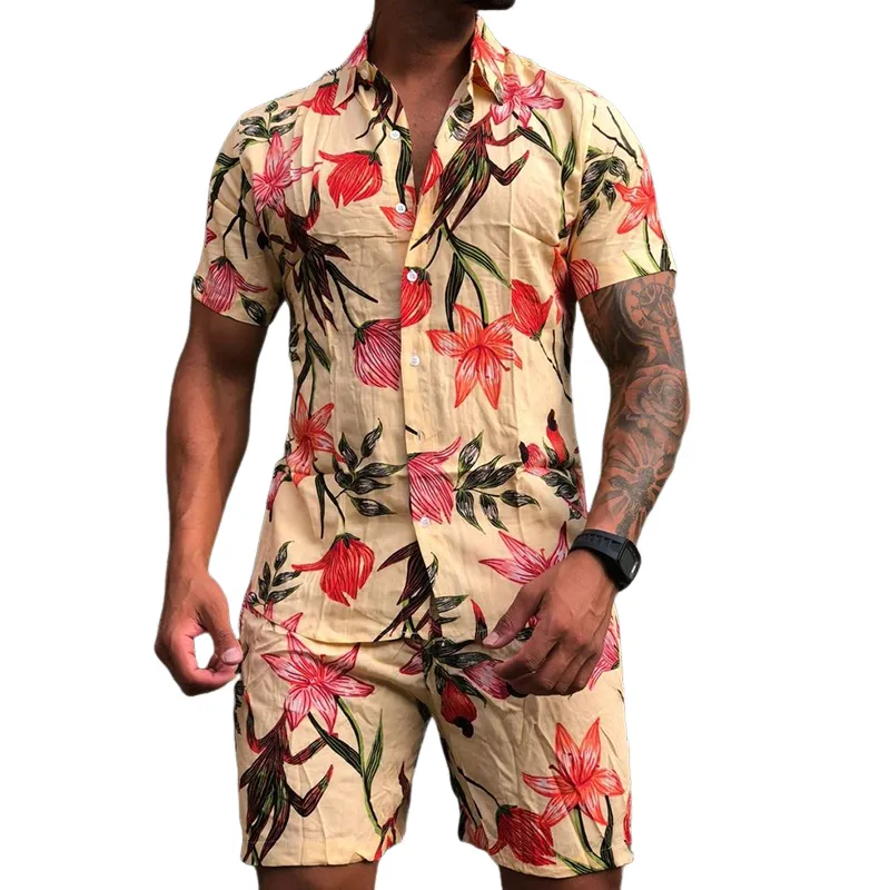 Men's Retro Casual Hawaiian Floral Print Lapel Short Sleeve Shirt Shorts Two-Piece Set MTA0666E5TO sold by Manly