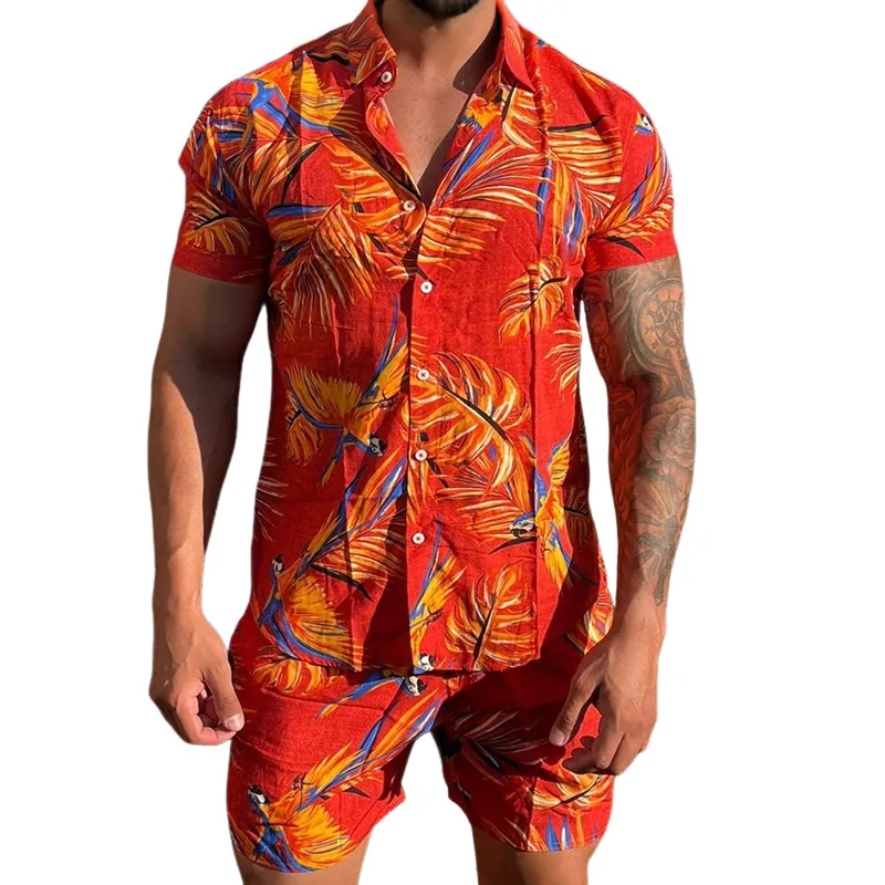 Men's Retro Casual Hawaiian Floral Print Lapel Short Sleeve Shirt Shorts Two-Piece Set MTA0639E3TO sold by Manly