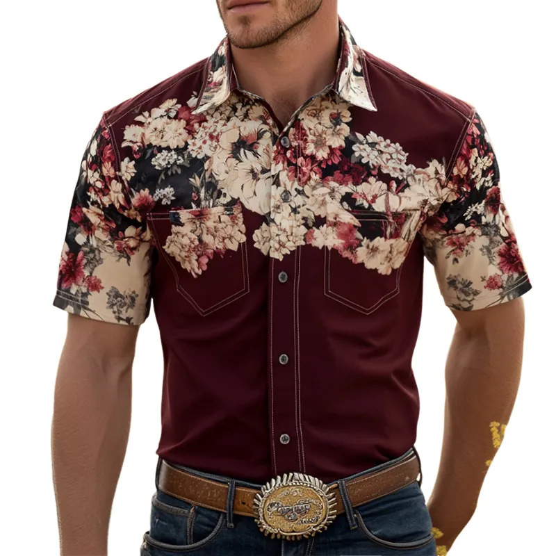 Men's Retro Western Cowboy Style Floral Print Lapel Short Sleeve Shirt MTA0664E4TO sold by Manly
