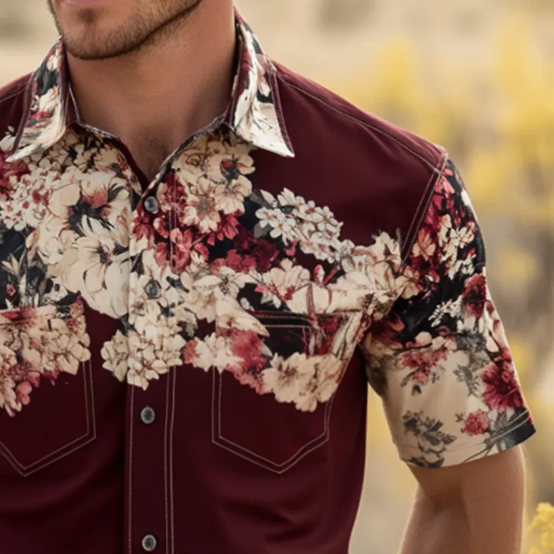 Men's Retro Western Cowboy Style Floral Print Lapel Short Sleeve Shirt MTA0664E4TO sold by Manly product image thumbnail 3