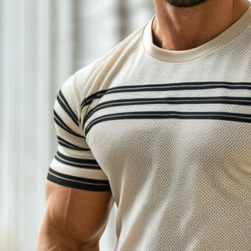 Men's Retro Casual Simple Striped Printed Mesh Round Neck Short Sleeve T-shirt MTA0601E4TO sold by Manly product image thumbnail 3