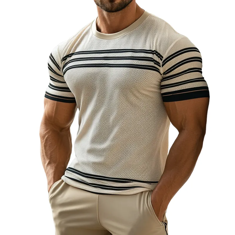 Men's Retro Casual Simple Striped Printed Mesh Round Neck Short Sleeve T-shirt MTA0601E4TO sold by Manly