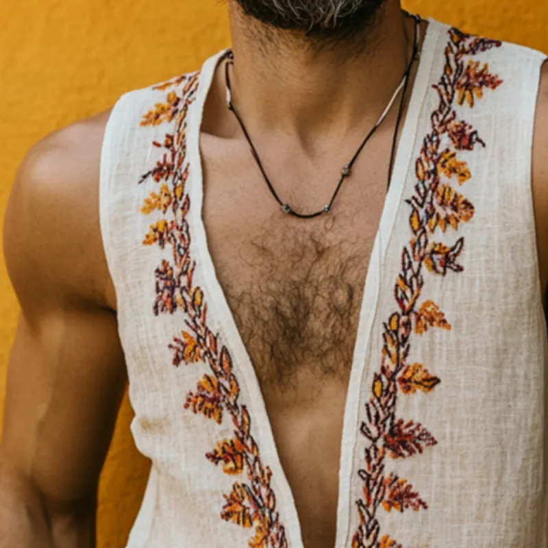 Men's Retro Casual Ethnic Style Printed Linen V-Neck Tank Top MTA0663E6TO sold by Manly product image thumbnail 3