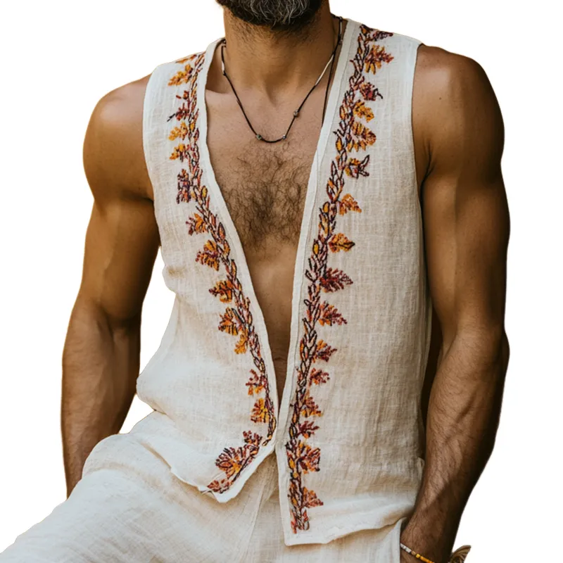 Men's Retro Casual Ethnic Style Printed Linen V-Neck Tank Top MTA0663E6TO sold by Manly