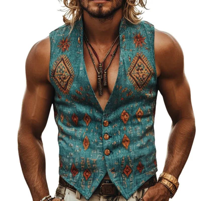 Men's Retro Casual Ethnic Style Geometric Print Linen Stand Collar Vest MTA0687E1TO sold by Manly