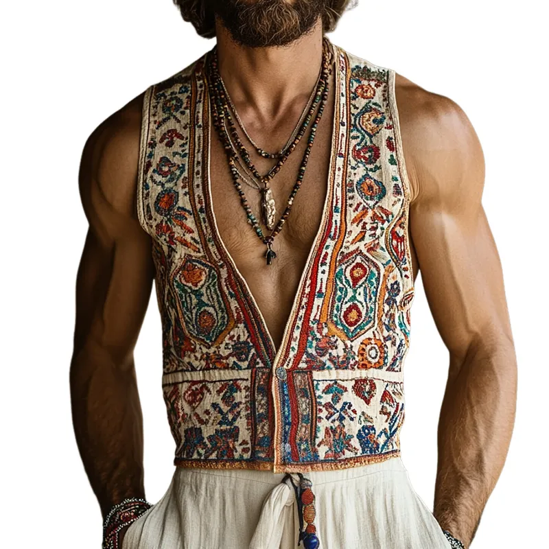 Men's Retro Casual Ethnic Style Geometric Print Linen Collarless Vest MTA0644E1TO sold by Manly
