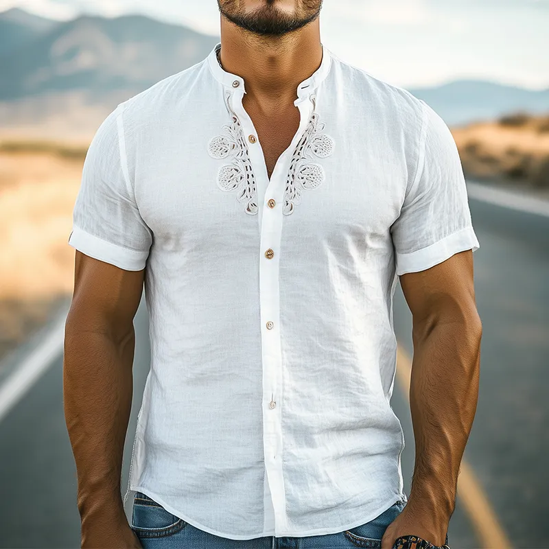 Men's summer Classic Western Style Cotton and Linen Stand Collar Hollow Embroidery Short-sleeved Shirt MTA2276D8K sold by Manly product image thumbnail 2
