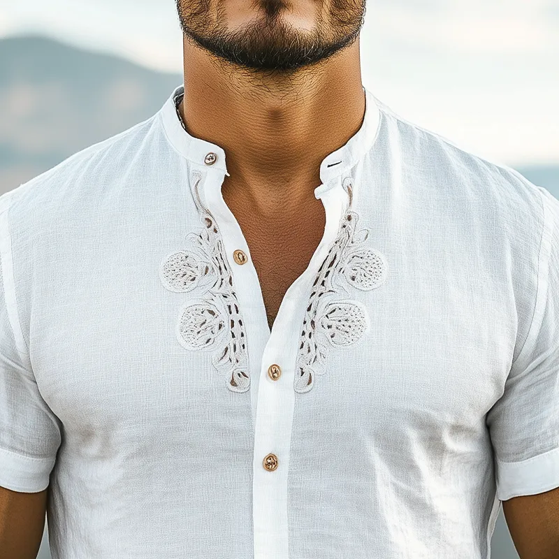 Men's summer Classic Western Style Cotton and Linen Stand Collar Hollow Embroidery Short-sleeved Shirt MTA2276D8K sold by Manly product image thumbnail 3