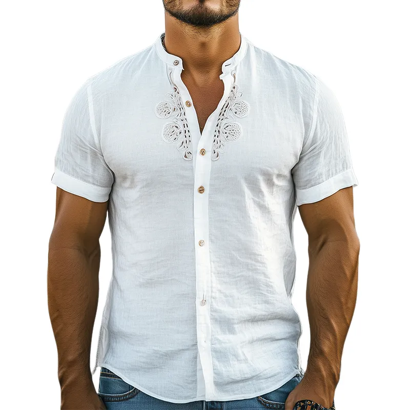 Men's summer Classic Western Style Cotton and Linen Stand Collar Hollow Embroidery Short-sleeved Shirt MTA2276D8K sold by Manly