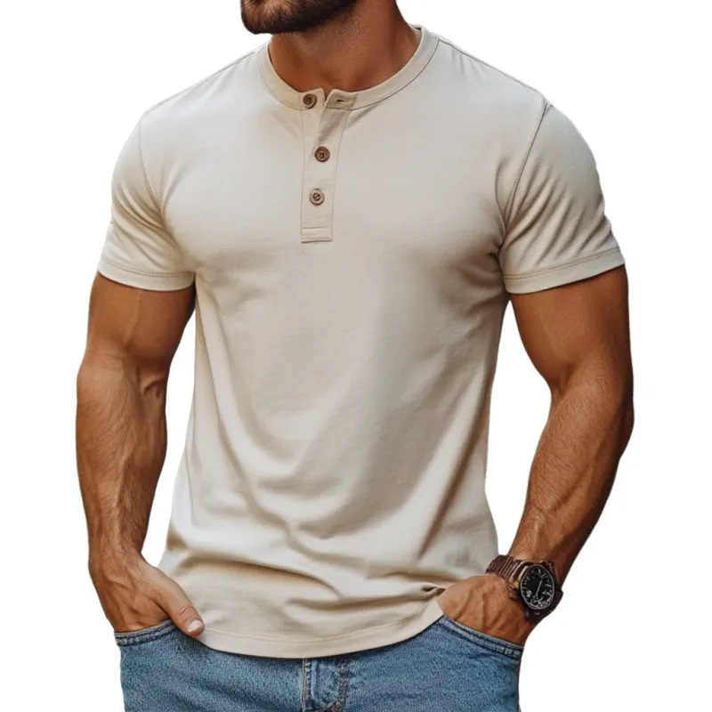 Men's Casual Solid Color Premium Cotton Henley Collar Slim Fit Short Sleeve T-Shirt MTA0817E2M sold by Manly