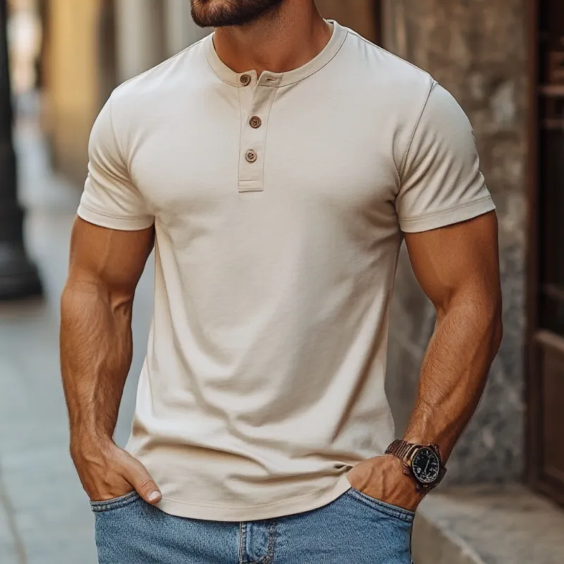 Men's Casual Solid Color Premium Cotton Henley Collar Slim Fit Short Sleeve T-Shirt MTA0817E2M sold by Manly product image thumbnail 2