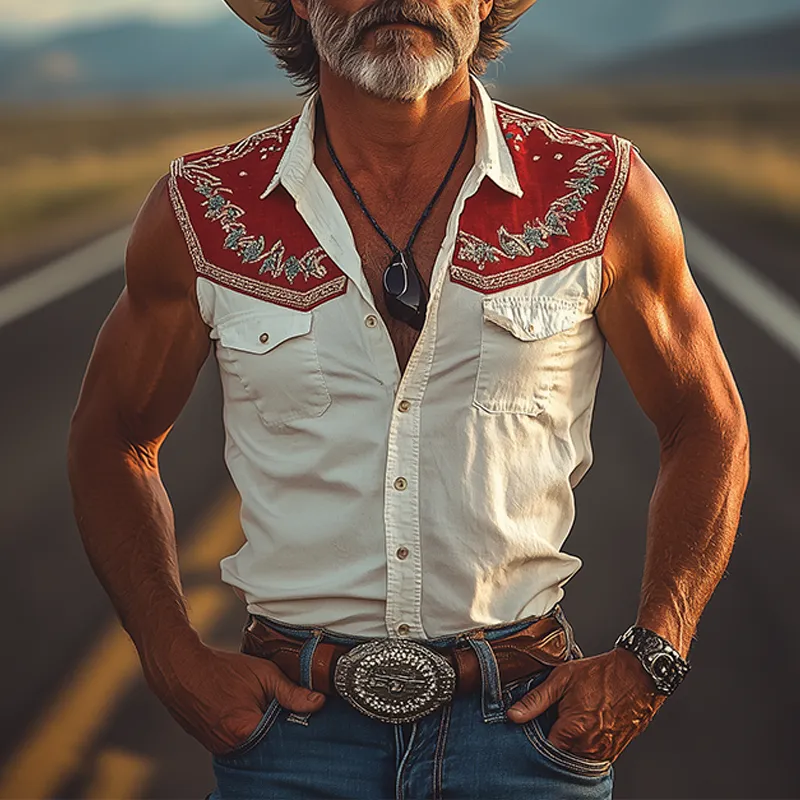 Men's Spring And Summer New Fashion Retro Western Cowboy Style Cotton Blend Stitching Cotton And Linen Embroidery Slim Sleeveless Shirt MTA0912E7K sold by Manly product image thumbnail 3