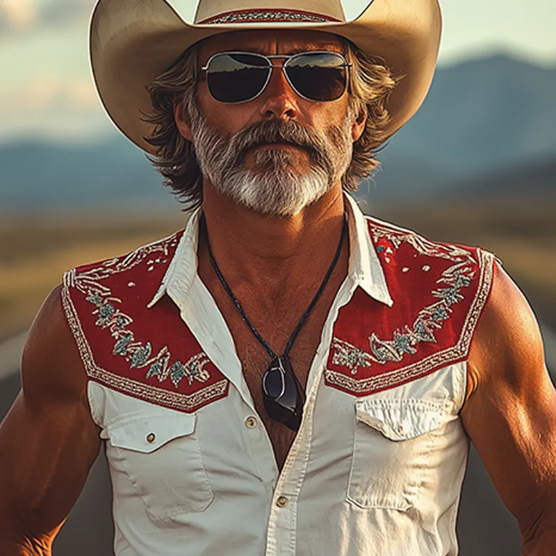 Men's Spring And Summer New Fashion Retro Western Cowboy Style Cotton Blend Stitching Cotton And Linen Embroidery Slim Sleeveless Shirt MTA0912E7K sold by Manly product image thumbnail 4