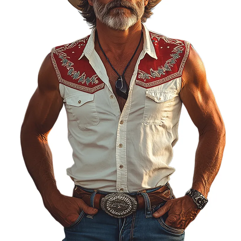 Men's Spring And Summer New Fashion Retro Western Cowboy Style Cotton Blend Stitching Cotton And Linen Embroidery Slim Sleeveless Shirt MTA0912E7K sold by Manly