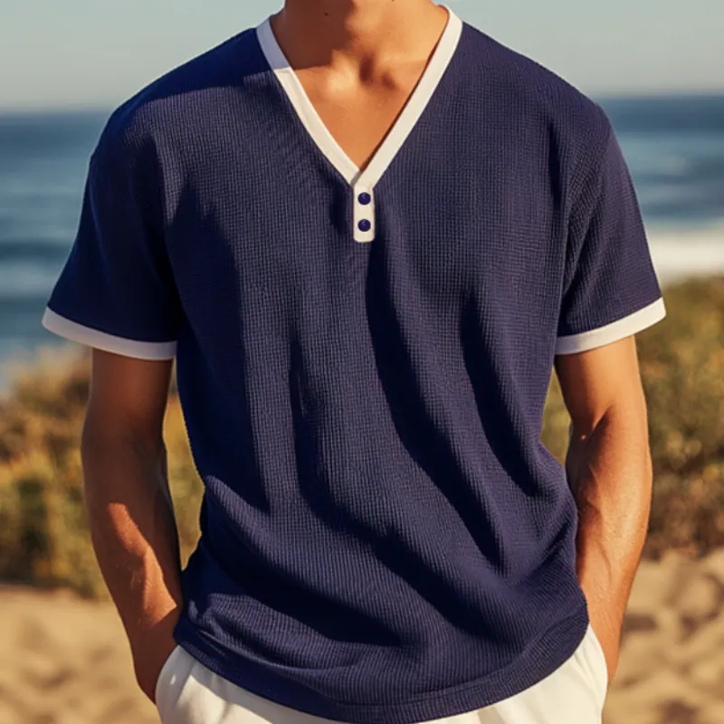 Men's Casual Cotton Blend Waffle Color Block Deep V Neck Loose Short Sleeve T-Shirt MTA0800E2M sold by Manly product image thumbnail 3