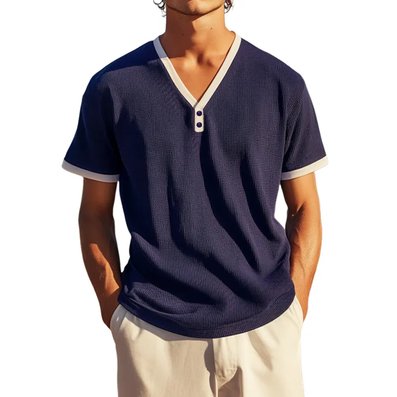Men's Casual Cotton Blend Waffle Color Block Deep V Neck Loose Short Sleeve T-Shirt MTA0800E2M sold by Manly