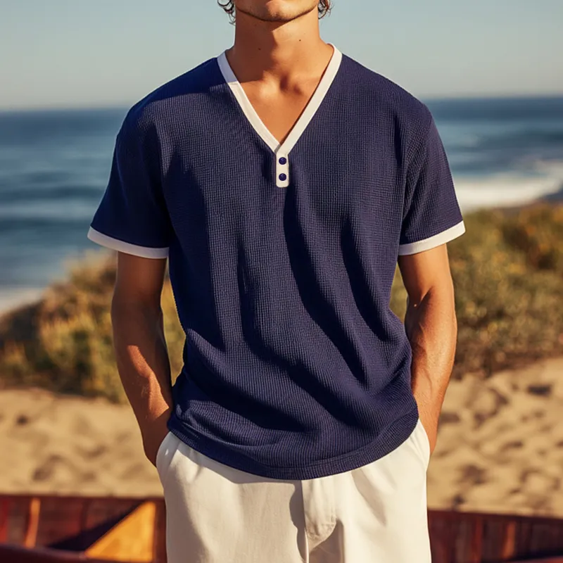 Men's Casual Cotton Blend Waffle Color Block Deep V Neck Loose Short Sleeve T-Shirt MTA0800E2M sold by Manly product image thumbnail 2
