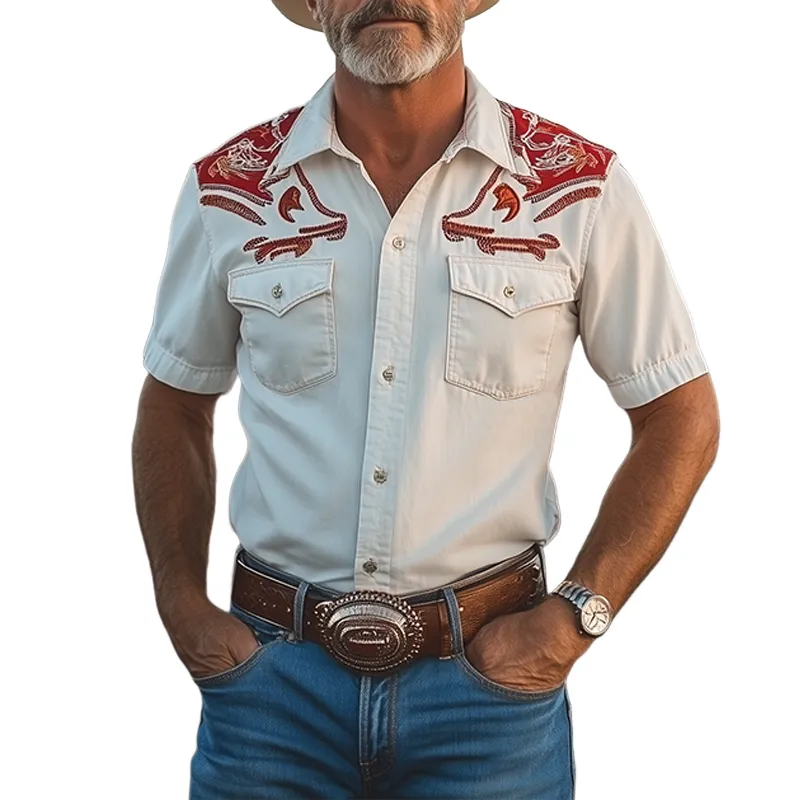 Men's Spring And Summer New Fashion Classic Retro Western Cowboy Style Cotton Blended Stitching Cotton And Linen Contrast Color Embroidery Short-Sleeved Shirt MTA0983E7K sold by Manly