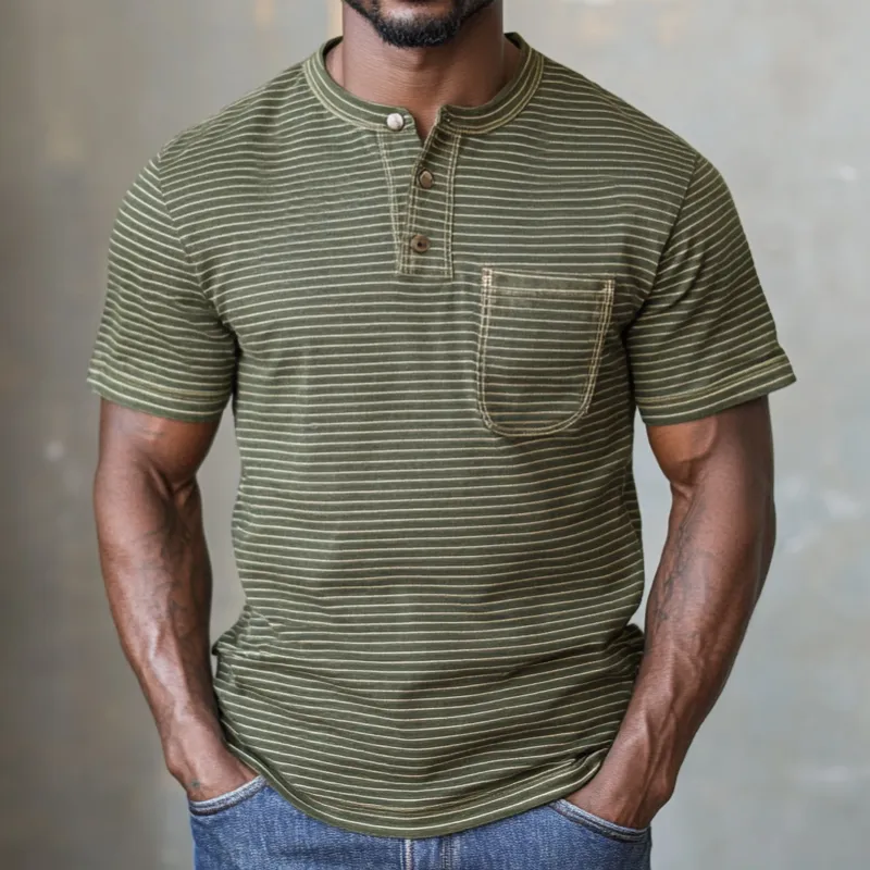 Men's Casual Premium Cotton Striped Henley Collar Patch Pocket Slim Fit Short Sleeve T-Shirt MTA0816E2M sold by Manly product image thumbnail 2