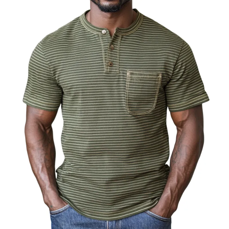 Men's Casual Premium Cotton Striped Henley Collar Patch Pocket Slim Fit Short Sleeve T-Shirt MTA0816E2M sold by Manly