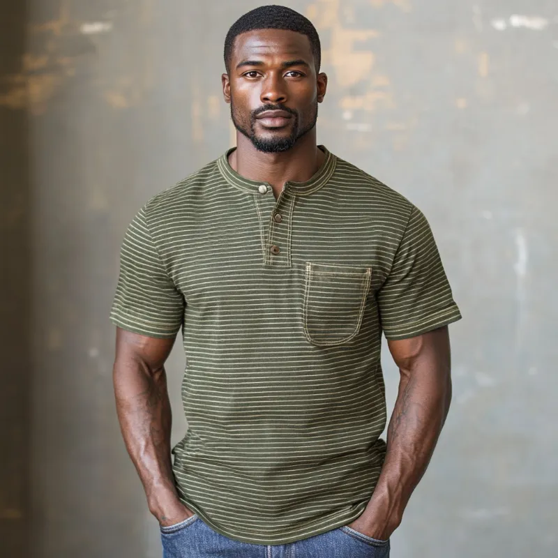 Men's Casual Premium Cotton Striped Henley Collar Patch Pocket Slim Fit Short Sleeve T-Shirt MTA0816E2M sold by Manly product image thumbnail 3