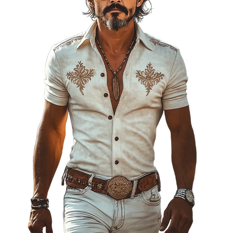Men's Spring And Summer New Fashion Retro Western Cowboy Style Suede Embroidery Slim Lapel Short-Sleeved Shirt MTA0964E1K sold by Manly
